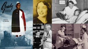 Pictured (L to R, top to bottom): Historical Grady Memorial Hospital promotional ad; Evangeline T. Papageorge; 1950s Grady children's ward nurse and patient; R. Bruce Logue and patient; Grady staff and patient (date unknown)